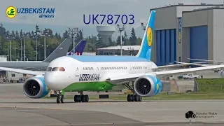 Uzbekistan Airways third B787-8 (UK78703) Speed Taxi + closeup+ take off @ KPAE Everett