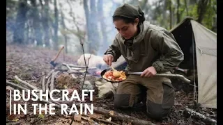 4 DAYS BUSHCRAFT CAMP - RUSSIAN CANVAS TENT, COOKING, RAISED BED, RAIN [Documentary Part 1]