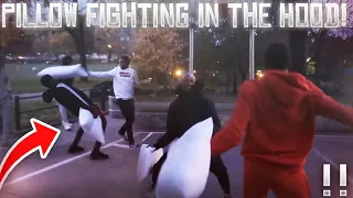 PILLOW FIGHTING IN THE HOOD |NYC EDITION| *GONE EXTREMELY WRONG*