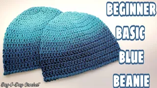 Easy Beginner Basic Blue Beanie/ Crochet Easy Unisex Hat/Free Crochet Tutorial Bag O Day Crochet