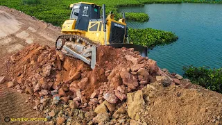 Incredible Skill Driver Dozer DumpTruck Showing Push Spreading Dirt Road Linking Cross The Lake