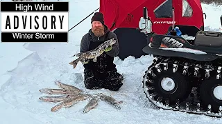 Battling High Winds Ice Camping and Northern Pike Fishing  | Catching 30 inch pike!