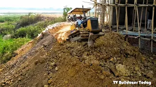 Great Job !! Opening  Project KOMATSU D20P Bulldozer Pushing Stone Soil Team & Dump Trucks 5T