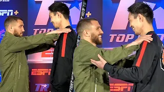 VASYL LOMACHENKO SIZES UP MASAYOSHI NAKATANI; JOKES WITH HIM TO BE SHORTER AT FIRST FACE OFF