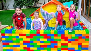 Five Kids Five Kids Pretend Play with Giant Lego Swimming Pool Toy