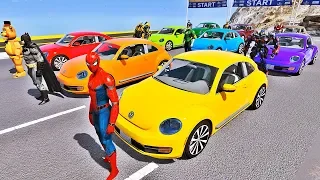 CARROS Fusca Beetle com HOMEM ARANHA e SUPER HERÓIS! Desafio Carros na RAMPA DUPLA - IR GAMES