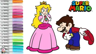 Super Mario Bros Coloring Book Page Princess Peach and Mario Toad and Toadette
