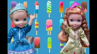 Elsa and Anna toddlers at the popsicle factory with Barbie, Chelsea and the Disney princess toddlers