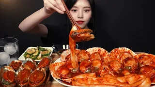 SUB)매운 불닭 대왕가리비찜에 떡당면 넣어서 먹방!🔥 전복찜까지 쫄깃탱 리얼사운드 Spicy Steamed Scallops Seafood Mukbang Asmr