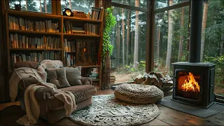 Snowfall Serenity | 🍀 Cozy Fireplace Nook in the Forest Library | Relaxing Fire Sounds & Birdsong