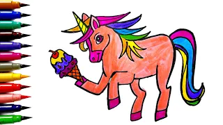 How to Draw Unicorn IceCream | Unicorn Horse with Icecream | How to Draw Unicorn Easy | Colourful