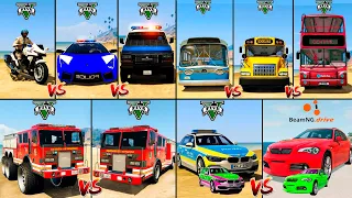 Police Van vs Police Lamborghini vs Motorcycle vs Fire Truck vs School bus - GTA 5 Cars Comparison