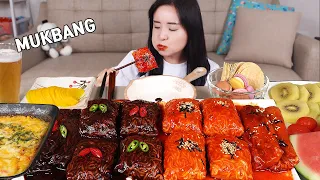 먹방 :) 미치게 매운 불닭쌈과 팽이버섯쌈, 짜파게티 라이스 페이퍼 쌈,  맥주 한잔.  spicy fire noodles wraps.