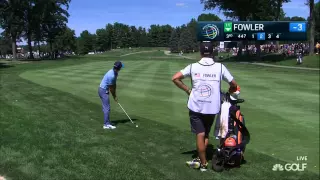 Golf analyst predicts Rickie Fowler will hit ball into crowd. Rickie Fowler hits ball into crowd.