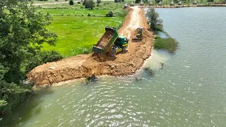 Full Project Build Road Completion from KOMATSU D20P Bulldozer & Truck Spreading Soil Border Water