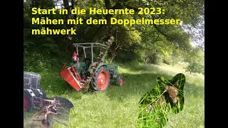 Erstes Heu 2023: Mähen mit Deutz 4006 + Busatis Doppelmessermähwerk und Fendt Fix 2 + Seitenmähwerk