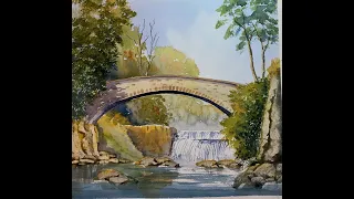 Waterfall under a bridge - watercolour step by step