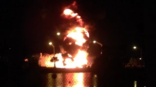 Utility truck-tanker truck accident causes fuel spill which ignites into fireball