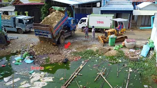 Starting a new project! Complete100%, Landfill by bulldozer D20 Komatsu Pushing stone & 5ton truck