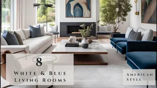 Elegant Fusion of White and Blue Contemporary American Living Room Interior Design Ideas