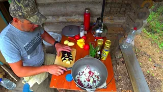 Рыбалка на Озере с Ночёвкой в Лесной Избе.Ужин на Костре.Мясо Медведя Тушёное в Пиве.