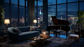 City Cozy Room Ambience | Night Rain Sounds on Window and Soft Piano Music | Relaxing City Rain