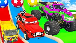 Monster Truck Flatbed Trailer Tractor Rescue Bus - Cars vs Rails and Train - Cars vs Deep Water