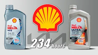 Shell Helix HX8 5w30 против Shell Helix Ultra AM L 5w30 (из Kia,  по 234 моточасов)