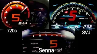 Lamborghini Aventador SVJ 770HP vs Mclaren 720s 720 HP vs Mclaren Senna 800 HP 0-270 km/h