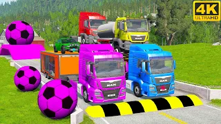 Double Flatbed Trailer Truck vs Speedbumps Train vs Cars | Tractor vs Train Beamng.Drive 075 [4k]