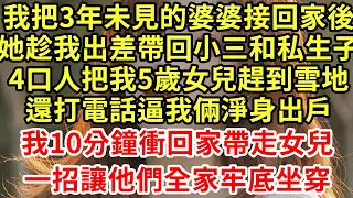 我把3年未見的婆婆接回家後，她趁我出差帶回小三和私生子，4口人把我女兒趕進雪地，還打電話逼我淨身出戶，我10分鐘衛回家帶走女兒，一招讓他們全家牢底坐穿#王姐故事說#為人處世#養老#中年#情感故事