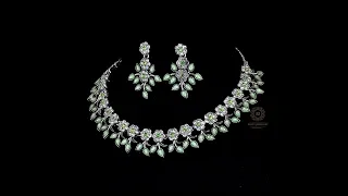 Brado Jewellery Sea Green Diamond Silver Plated Choker Necklace Jewellery set For Women and Girls