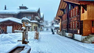 Heavy snowfall in the mountain village of Mürren, Switzerland 4K - a real Fairytale village