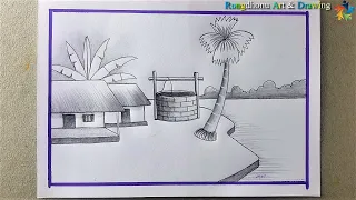 How to draw a Village Scenery ✅ Village Nature 💚💛Gramer Prakitik Drisso Drawing❤