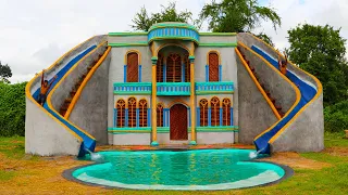 Build Two Story Classic Villa House, Small Pool On Villa, Twin Water Slide To Gorgeous Swimming Pool
