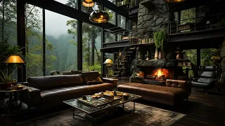Modern Living Room in Rainy Forest - Relaxing Sound by Fire & Soft Piano Music to Sleep, Rest, Study
