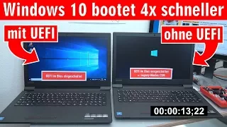 Windows 10 startet 4x schneller - mit UEFI vs. ohne UEFI (BIOS) - Booten beschleunigen - [4K]