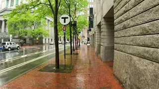 Boston MA State Street Walk in a Downpour. Binaural Rain Sounds. Rain and city ASMR.