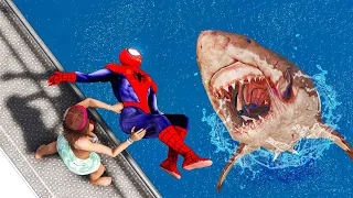 GTA 5 Water Ragdolls | SPIDERMAN vs Megalodon Jumps/Fails #32 (Euphoria Physics | Funny Moments)