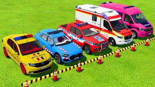 DACIA, AUDI, VOLKSWAGEN POLICE VEHICLES & MERCEDES AMBULANCE EMERGENCY CAR TRANSPORTING ! FS22