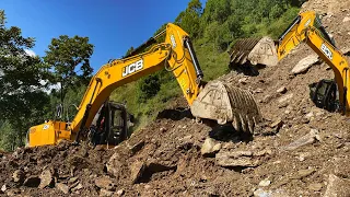 JCB Excavator Removing Big Stones and Massive Landslide | Dangerous Hilly Mountain Road Construction