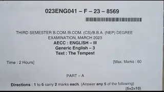 English 3rd Semester Degree B.com NEP Question Paper March/April Month Year 2023 Dharwad University