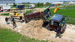 Incredible Dump Truck Stuck Deep Recovery by Bulldozer D58E & Huge Landfill Project Complete 95%