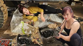 Genius girl repairs and restores car wheels.