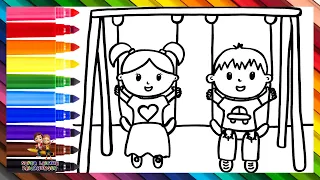 Zeichnen und Ausmalen von Kindern auf der Schaukel 👧👦🌈 Zeichnungen für Kinder