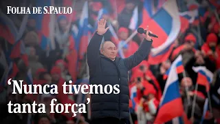 Discurso de Putin em estádio é interrompido pela televisão russa | CENAS DA GUERRA