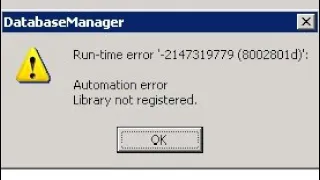 Runtime error -2147319779 (8002801d) automation error library not registered || in excel error windo