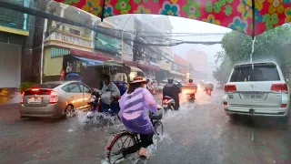 Flash Flood in Phnom Penh City, Cambodia - Walking in Heavy Rain, Downpour & Windstorm