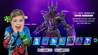 My 10 Year Old Kid Reaction To Me Giving Him NEW Fortnite Battle Pass Skin SUPER SHREDDER (TMNT)