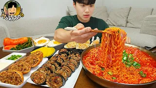 ASMR MUKBANG | fire noodle ramyeon, kimbap, kimchi recipe ! eating